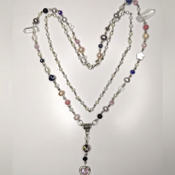 Long freshwater pearl necklace with pink,blue and black beads. Handmade by me. - Picture 6 of 7